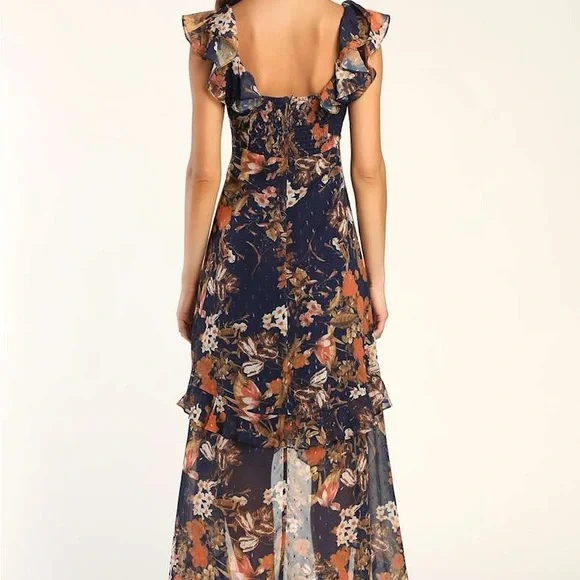 lulus Stunning Favorite Navy Blue Floral Ruffled High-Low Maxi Dress - Picture 3 of 9
